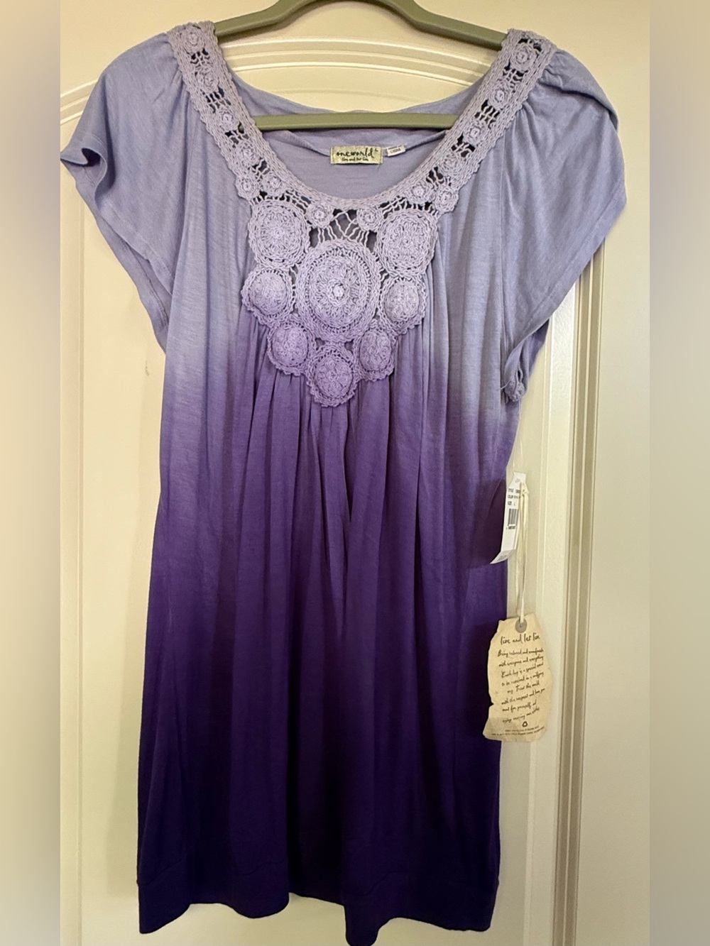 NWT Light Lavender  to Deep Purple Ombre Crochet Yoke Dress Sz L Beachy Hippie
